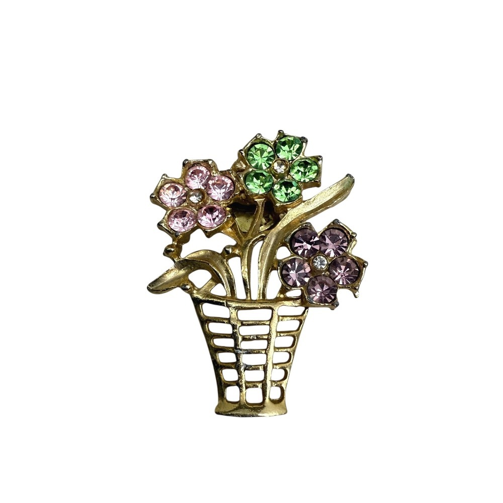 VTG Flower Basket Brooch Pin Rhinestone Floral Bouquet Style Jewelry  1 3/8 in